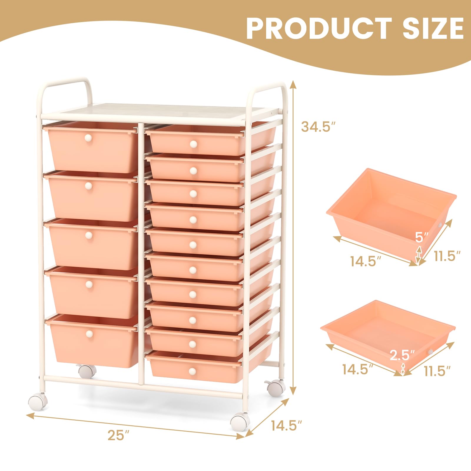 COSTWAY 15 Drawer Rolling Storage Cart, Mobile Utility Cart with Lockable Wheels, Drawers