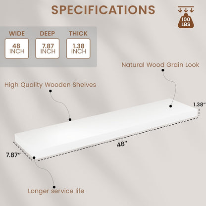 White Floating Wood Shelves for Wall 48 Inch, 8 in Deep Pine Shelf Floating Home Decor, Heavy Duty Shelf Hold 100 lbs, Wall Shelves for Bathroom Living Room Kitchen Bedroom Office Book, Set of 2