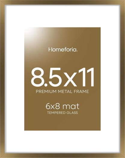 Homeforia 8.5x11 Picture Frame Bronze, High End Metal Brass Frame 8.5 x 11 with Mat 6 by 8 Photo, 11x8.5 Frames Matted to 6x8 Print, 8.5by11 Wall or Tabletop Frames, Tempered Glass, Wall Kit, Set of 1