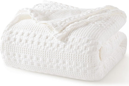 PHF 100% Cotton Waffle Weave Blanket Twin Size, Soft Lightweight Breathable Cozy Summer Blankets for Bed, Luxury Aesthetic Woven Bedding for Home Decor, 66"x90", White