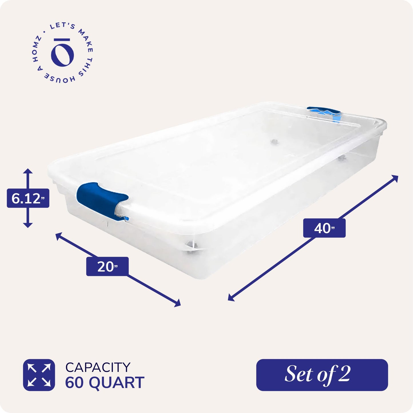 HOMZ Under Bed Clear Plastic Storage Bin w/Lid, 60 Qt, Blue Latch, 2 Pack