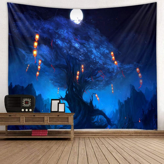 Forest Landscape Tapestry for Living Room & Bedroom - Magic Tapestry (Lanterns Hanging on The Tree, 90.5''L70.8''W)