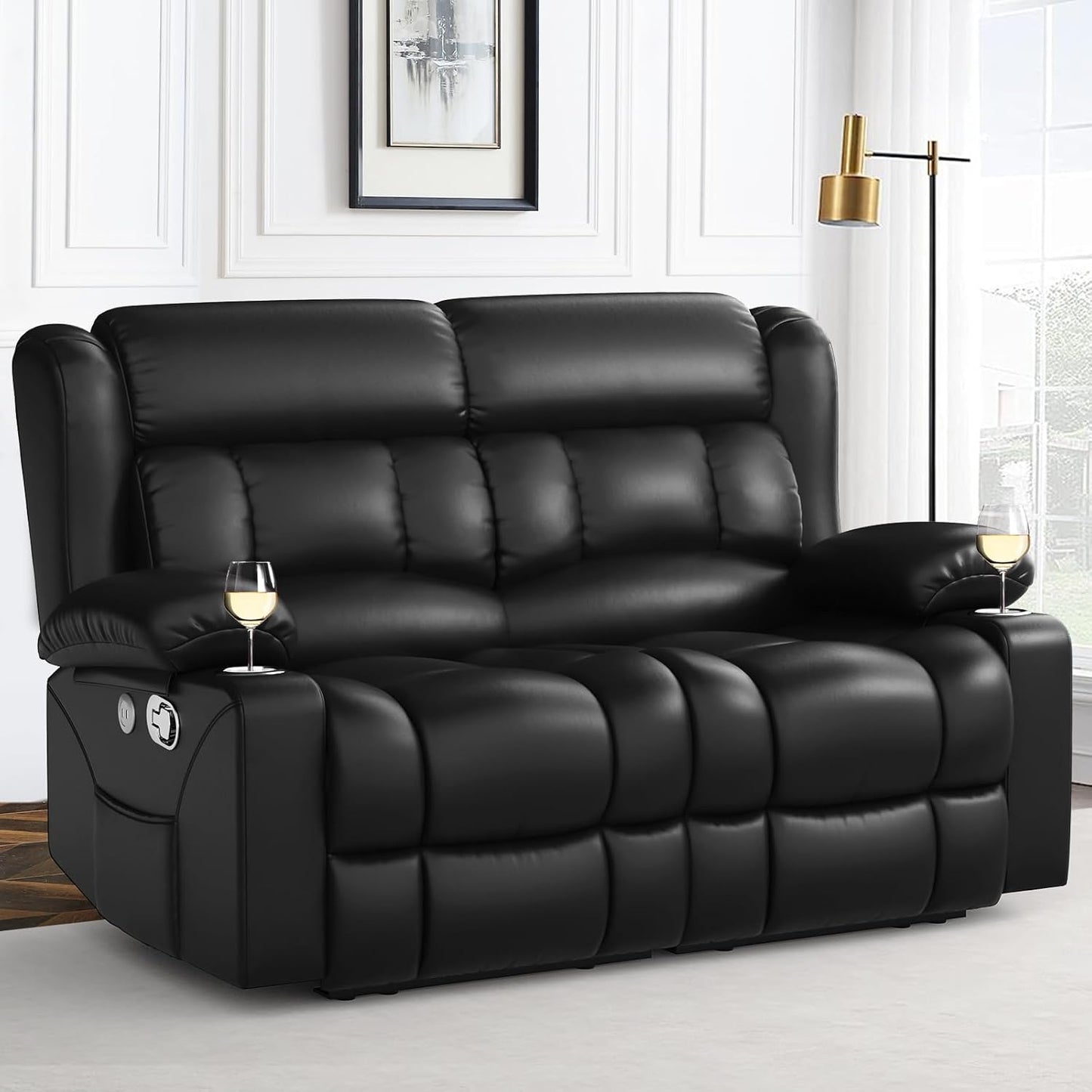 RV Loveseat Recliner Sofa, PU Leather RV Reclining Loveseat with USB Charge Ports, Cup Holders, 2 Seater Manual Pull Tab Recliner Sofa Couches for Living Room/RV, Black