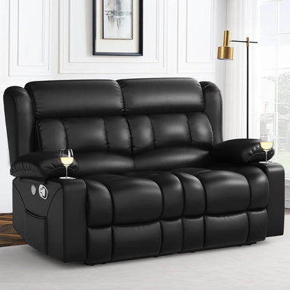 RV Loveseat Recliner Sofa, PU Leather RV Reclining Loveseat with USB Charge Ports, Cup Holders, 2 Seater Manual Pull Tab Recliner Sofa Couches for Living Room/RV, Black