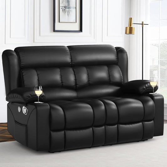 RV Loveseat Recliner Sofa, PU Leather RV Reclining Loveseat with USB Charge Ports, Cup Holders, 2 Seater Manual Pull Tab Recliner Sofa Couches for Living Room/RV, Black