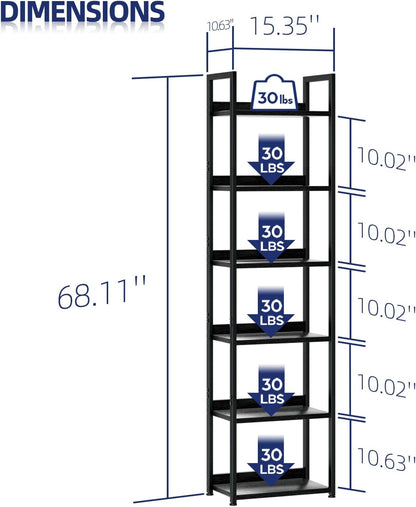 NUMENN Narrow Bookshelf, 6 Tier Bookshelves, Home Office Bookcase Shelf Storage Organizer, Free Standing Storage Shelving Unit for Bedroom, Living Room and Home Office, Black