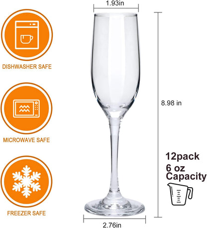 6 oz Champagne Flutes Glass, Wine Flutes Set of 12, for Champagne, Wine, High-End Banquets, Parties, Bars, Weddings, Gifts (12pcs)