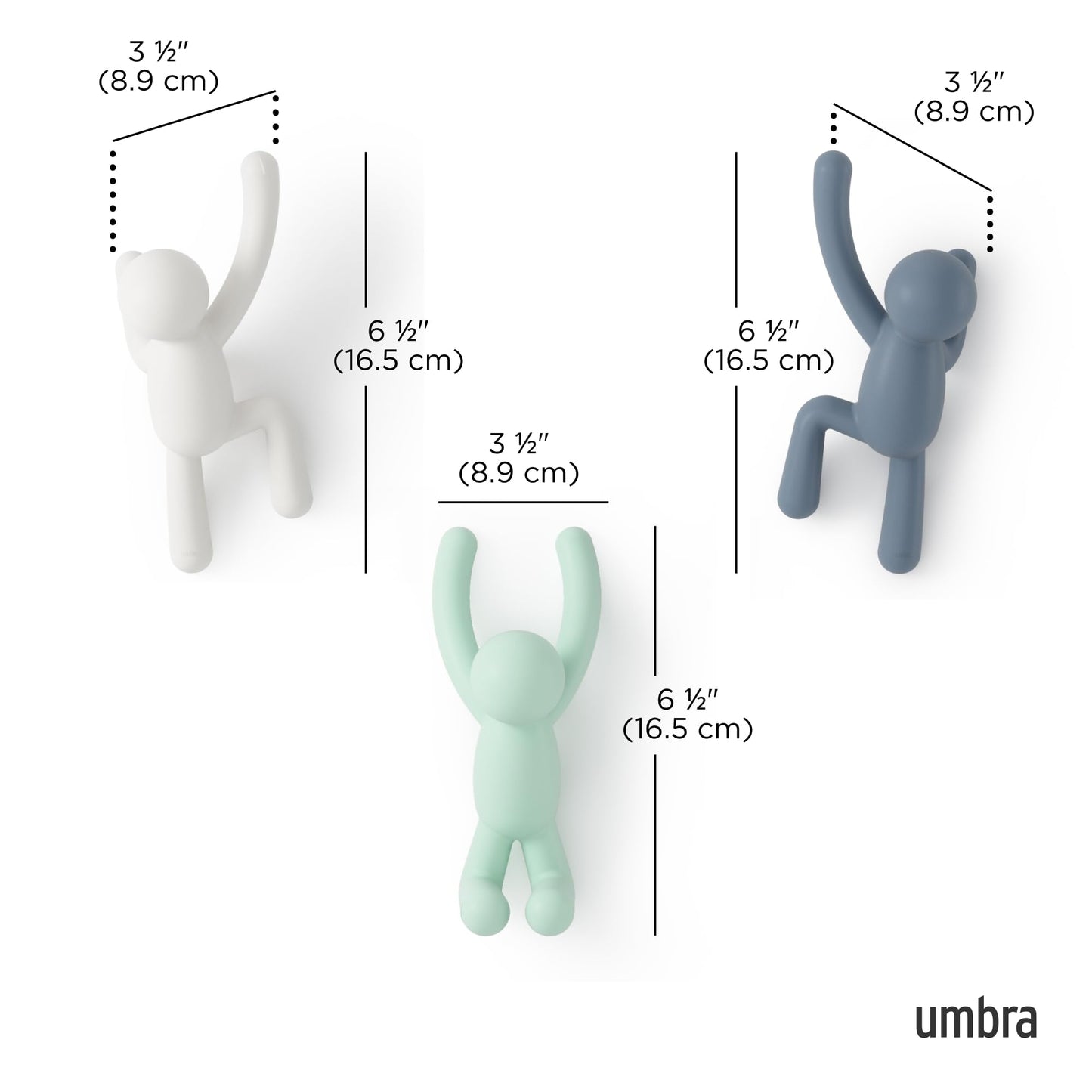 Umbra Buddy Wall Hooks, Wall Mount Coat Hooks, Set of 3, White/Mint/Blue