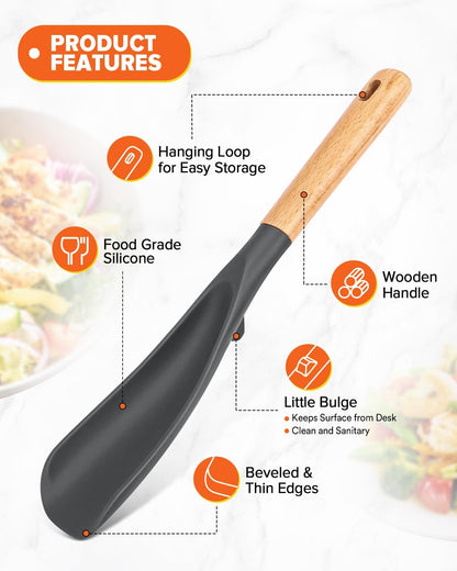 Cooking Spoon and Scraper for Nonstick Cookwares, Great for Cooking and Serving Durable BPA-Free Matte Silicone, Wood Handle Multifunction Spoon for Mixing, Scoop, and Scrape (GREY)