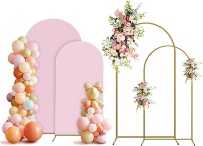 Arch Backdrop Stand and Cover Set, 2 Metal Balloon Arch Backdrop 7.2ft 6ft, Gold Arched Stand Frame for Wedding, Parties,Birthday, Backdrop Decorations (Pale Pink,7.2ft+6ft)