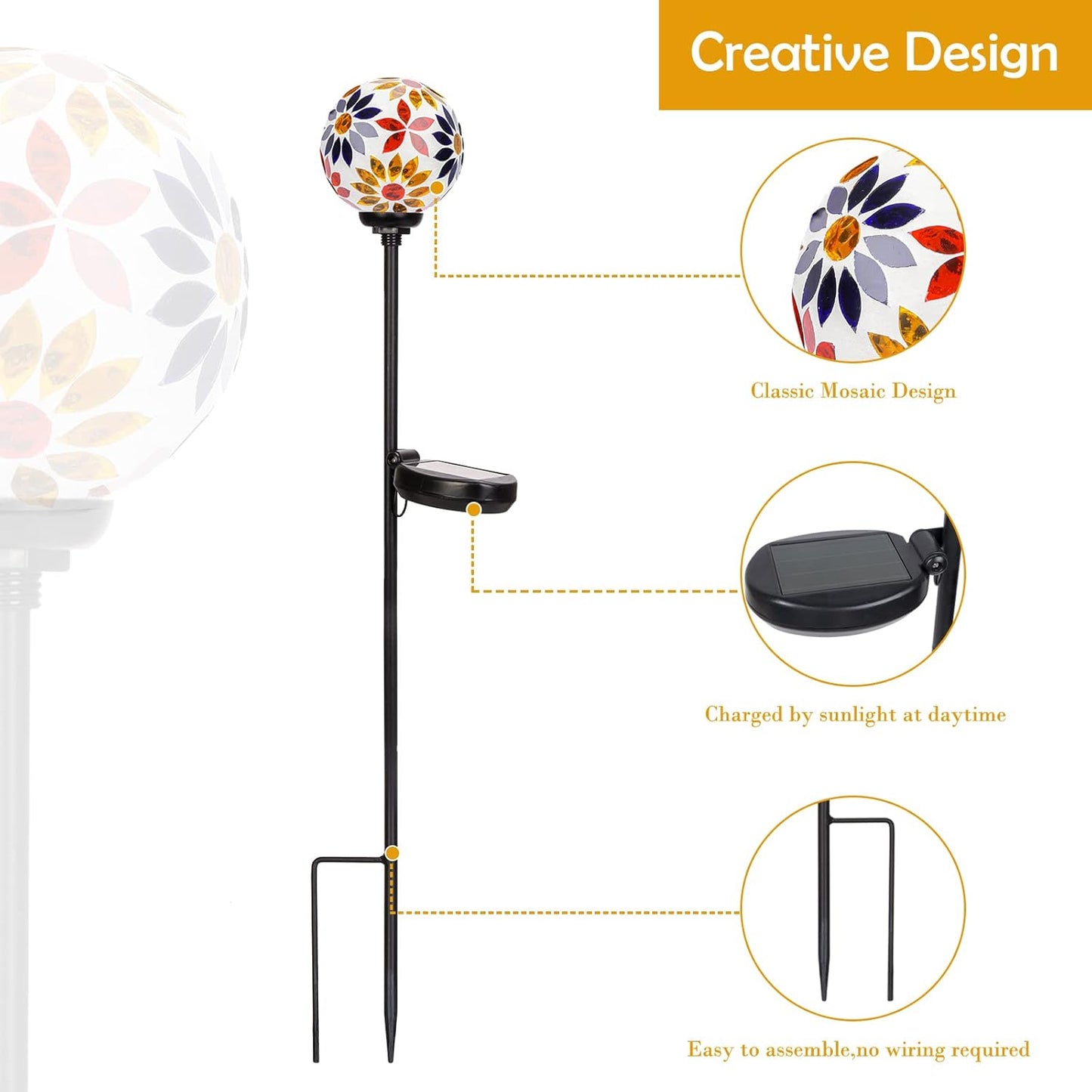 Afirst Solar Lights Outdoor Decorative - Solar Gazing Ball Mosaic Garden Stakes Flower Decorative Lights Waterproof for Pathway Yard Lawn Decoration Orange