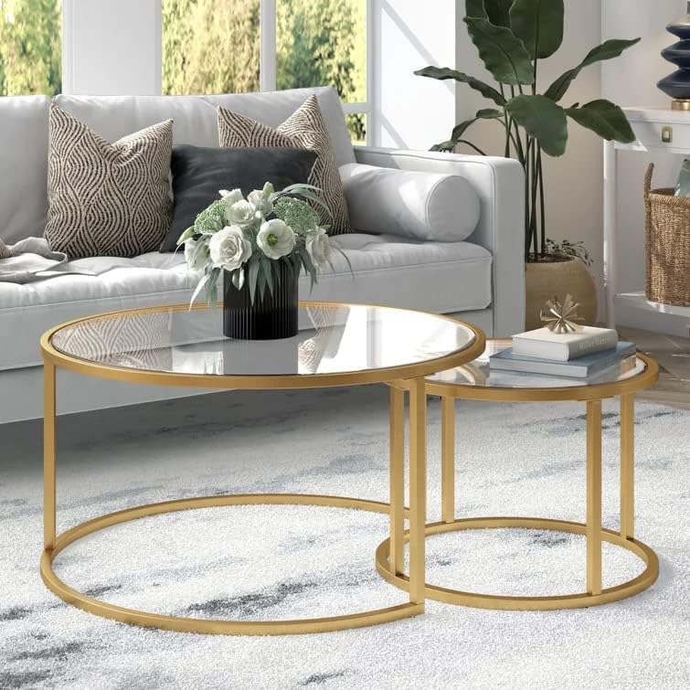 Round Nesting Coffee Table Gold Set of 2 for Living Room, Modern Side Tables with Sturdy Metal Frame and Tempered Glass.Minimalist End Table,Cocktail Table for Dining Room,Home Decor
