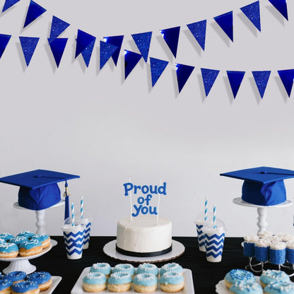 30 Ft Royal Blue Party Decorations Navy Blue Metallic Glitter Paper Triangle Banner Flag Garland Pennant Bunting for Graduation Birthday Wedding Bridal Shower Ahoy Achor Nautical Theme Party Supplies