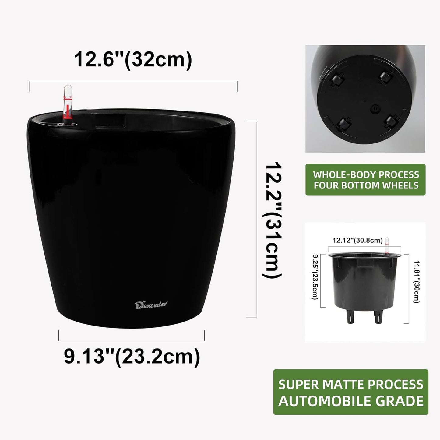 Dexceder 13x12 Self Watering Planter with Wheels Indoor Outdoor, Inner Pot Design, Thickened Large Floor Standing Flower Plant Pot with Water Level Indicator (Black Matte)