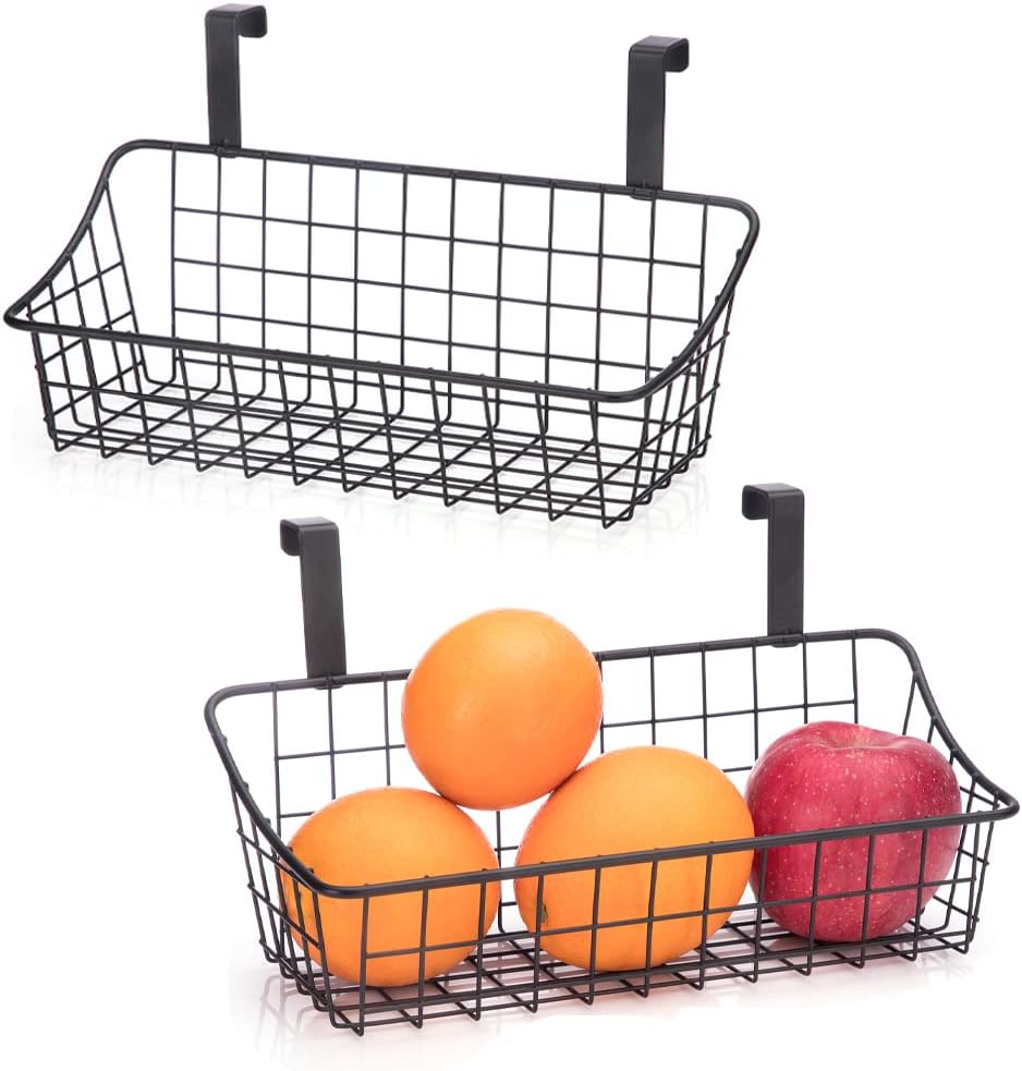 LeleCAT Over Cabinet Door Basket with hook Grid Storage Basket, Kitchen Storage Organizer,Over Cabinet Door Organizer,Hanging it behind a door or on a railing, Small, BLack,2 Pack