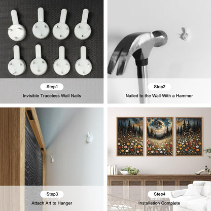 HPINUB Wildflower Moon Forest Framed Canvas Wall Art Set,Nature Pine Tree Wall Decor,Mystical Starry Night Artwork Rustic Mountain Landscape Art Print for Living Room,Bedroom,Office-16 x24 x3