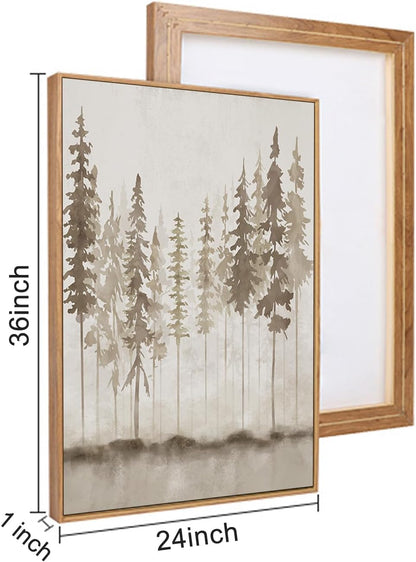 HPINUB Misty Forest Framed Canvas Wall Art Set, Foggy Pine Tree Wall Decor, Pastel Nature Landscape Wall Painting, Evergreen Coniferous Plant Art Print for Living Room, Bedroom, Office-24 x36 x3