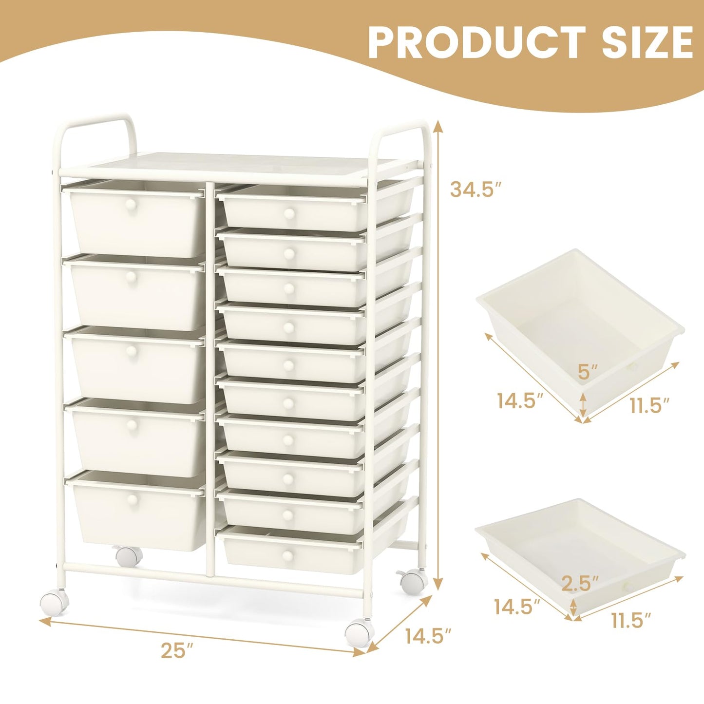 COSTWAY 15 Drawer Rolling Storage Cart, Mobile Utility Cart with Lockable Wheels, Drawers