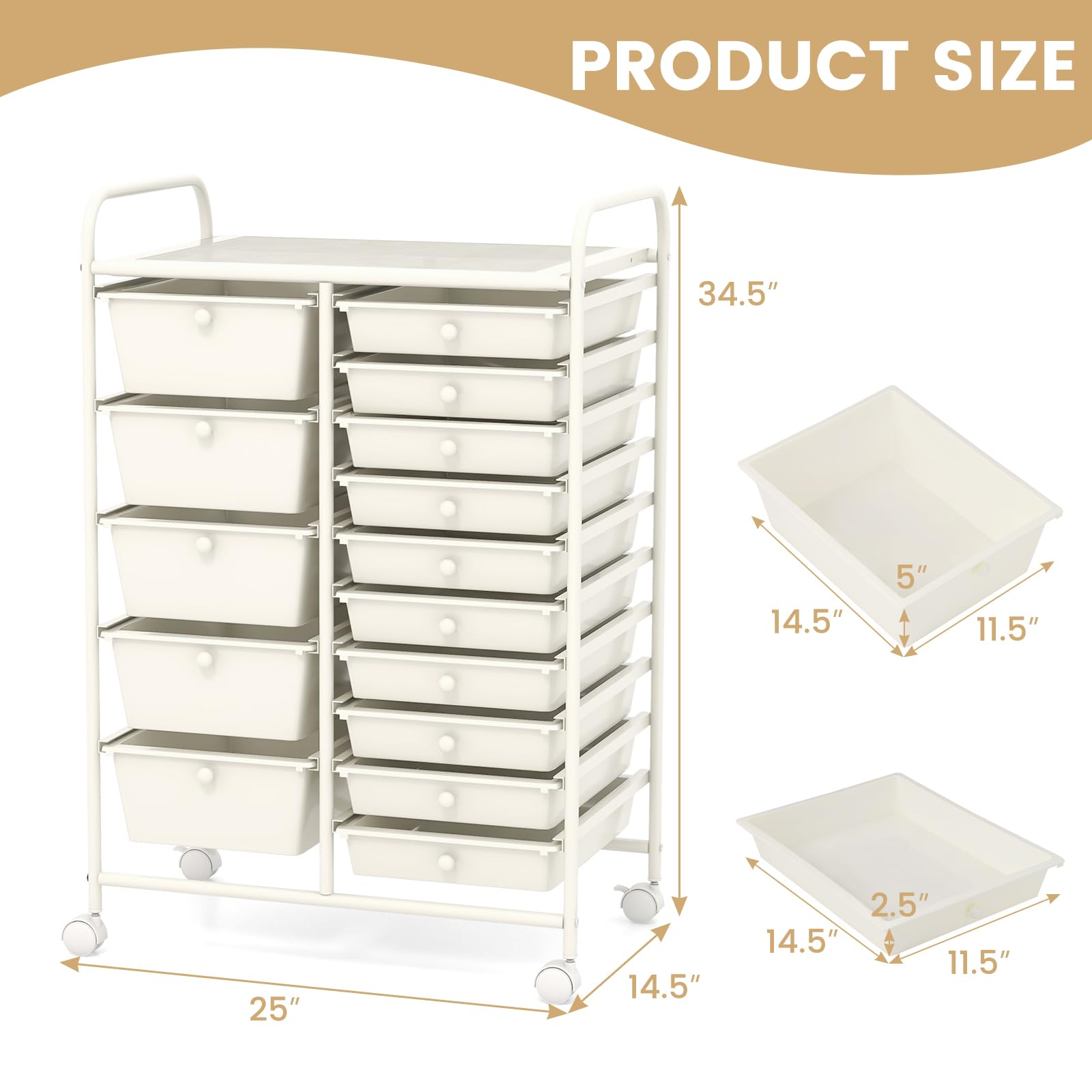 COSTWAY 15 Drawer Rolling Storage Cart, Mobile Utility Cart with Lockable Wheels, Drawers