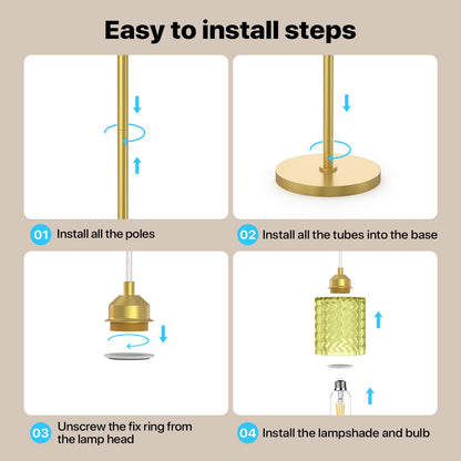 Gold Floor Lamp for Living Room, Vintage 3-Light Green Glass Standing Lamp, Brass Base Mid Century Modern, Retro Tree Design Tall Floor Lamps