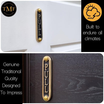 PULL Brass Door Sign. Traditional Style Home Décor Wall Plaque Handmade By The Metal Foundry UK.