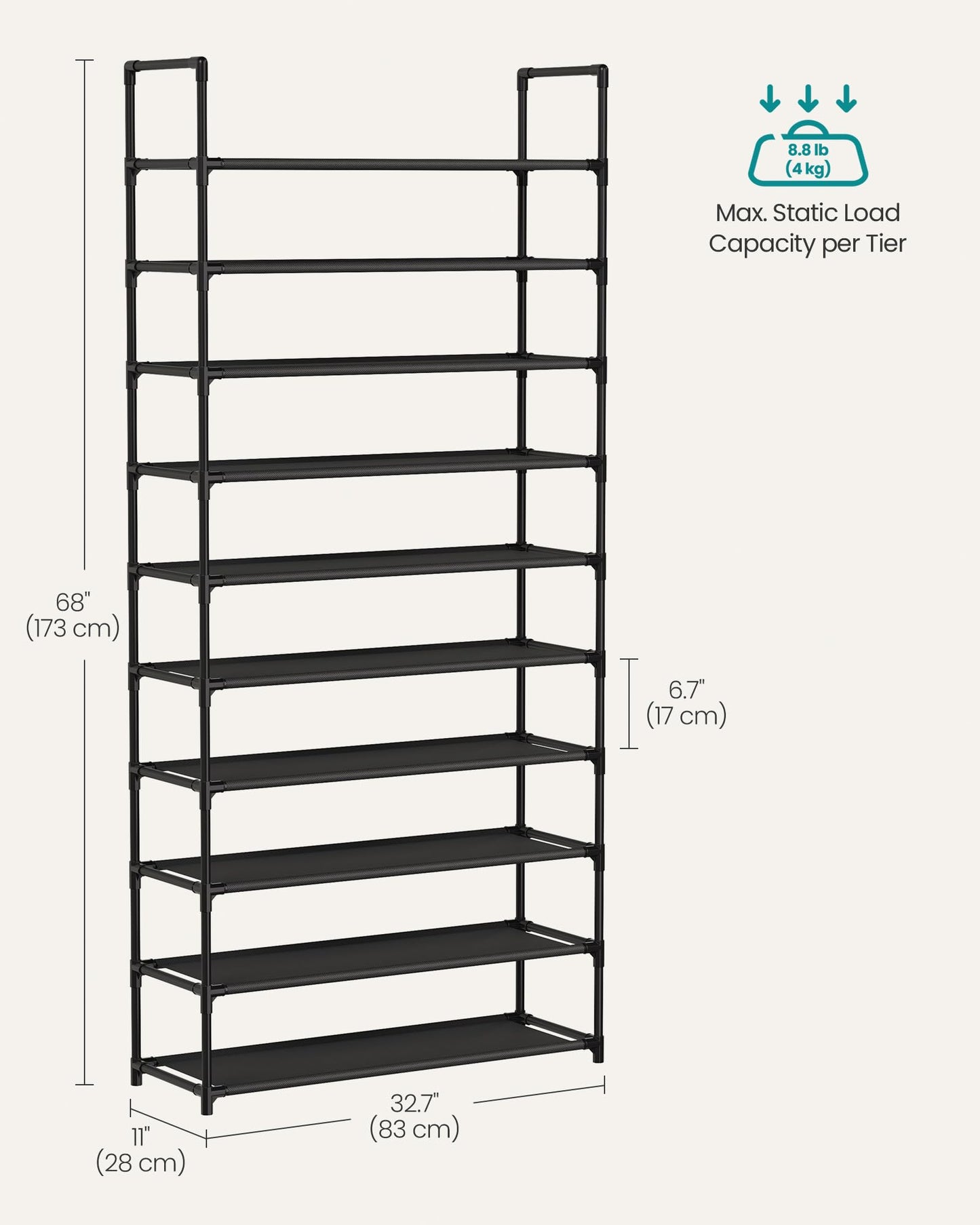 SONGMICS Shoe Rack, 10-Tier Shoe Shelf, Shoe Storage Organizer, 11 x 32.7 x 68 Inches, Metal Frame