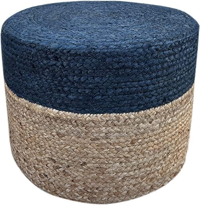 Jute Pouf Ottoman | Footrest Pouf | Hand Braided - Round Boho Pouffe - for Living Room, Bedroom, Nursery (18"x18"x12") Navy