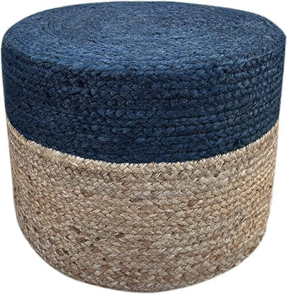 Jute Pouf Ottoman | Footrest Pouf | Hand Braided - Round Boho Pouffe - for Living Room, Bedroom, Nursery (18"x18"x12") Navy