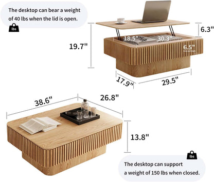 Lift Top Coffee Table with Storage, Solid Wood Coffee Table with Adjustable Height, Fluted Center Table Accent Tea Table for Living Room, Apartment, Office (38.6" Natuall)