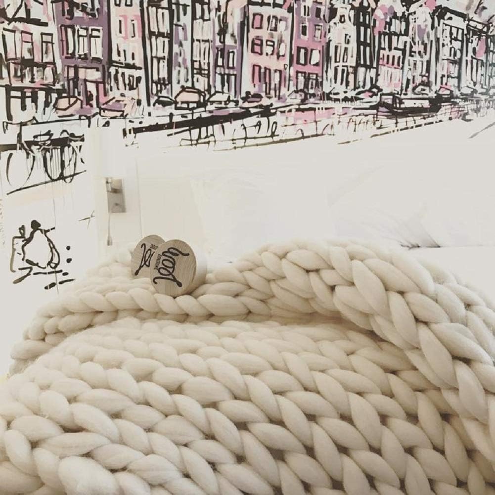 Chunky Knit Blanket Hand Made Merino Wool Throw Boho Bedroom Sofa Home Decor Giant Yarn(Ivory White 40"x47")