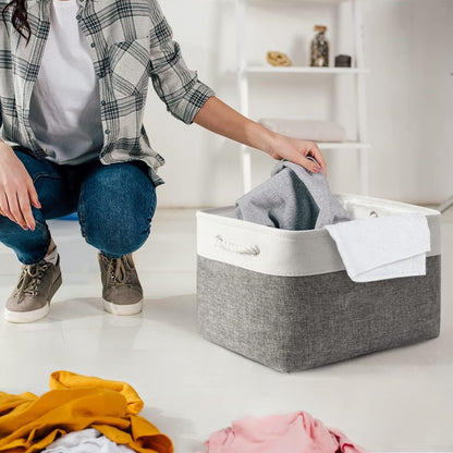 Storage Basket for Shelves - 17X15X12 inch 2 Pack Fabric Cube Storage Bin Collapsible Baskets for Organizing with Rope, Storage Box for Cloth Decorative (White & Grey)