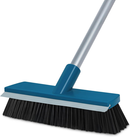 Stiff Bristle Deck Brushes for Scrubbing Heavy Duty with Rubber Scrape Squeegee, 55” Long Handle