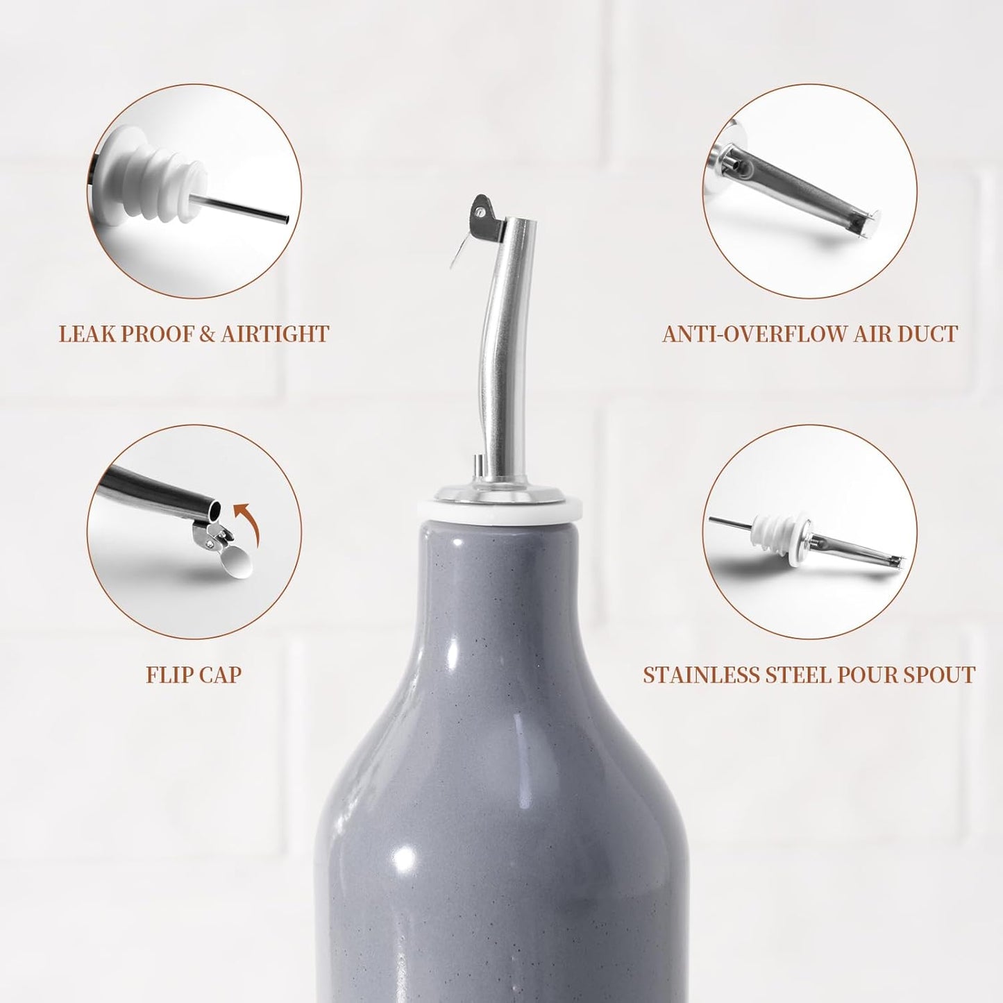 famiware Milkyway 16oz Ceramic Olive Oil Dispenser Bottle, 1 Piece Oil Dispenser for Kitchen with Stainless Steel Pourers, Suitable for Storage Vinegar, Soy Sauce, Coffee Syrup, Liquids, Dark Gray