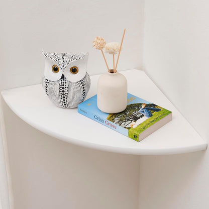 Corner Shelf, White Solid Oak Wood Floating Corner Shelves Wall Mount Round End Floating Speaker Rack Display Shelf for Small Plant Photo Frame (White, 12in)
