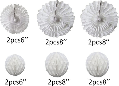 12pcs White Honeycomb Balls Tissue Paper Fans Party Honeycomb Ball Fans wall Decorations Tissue Pom Poms Flower Balls Hanging Paper Fans For Party Baby Shower Birthday Wedding Nursery Decor(white kit)