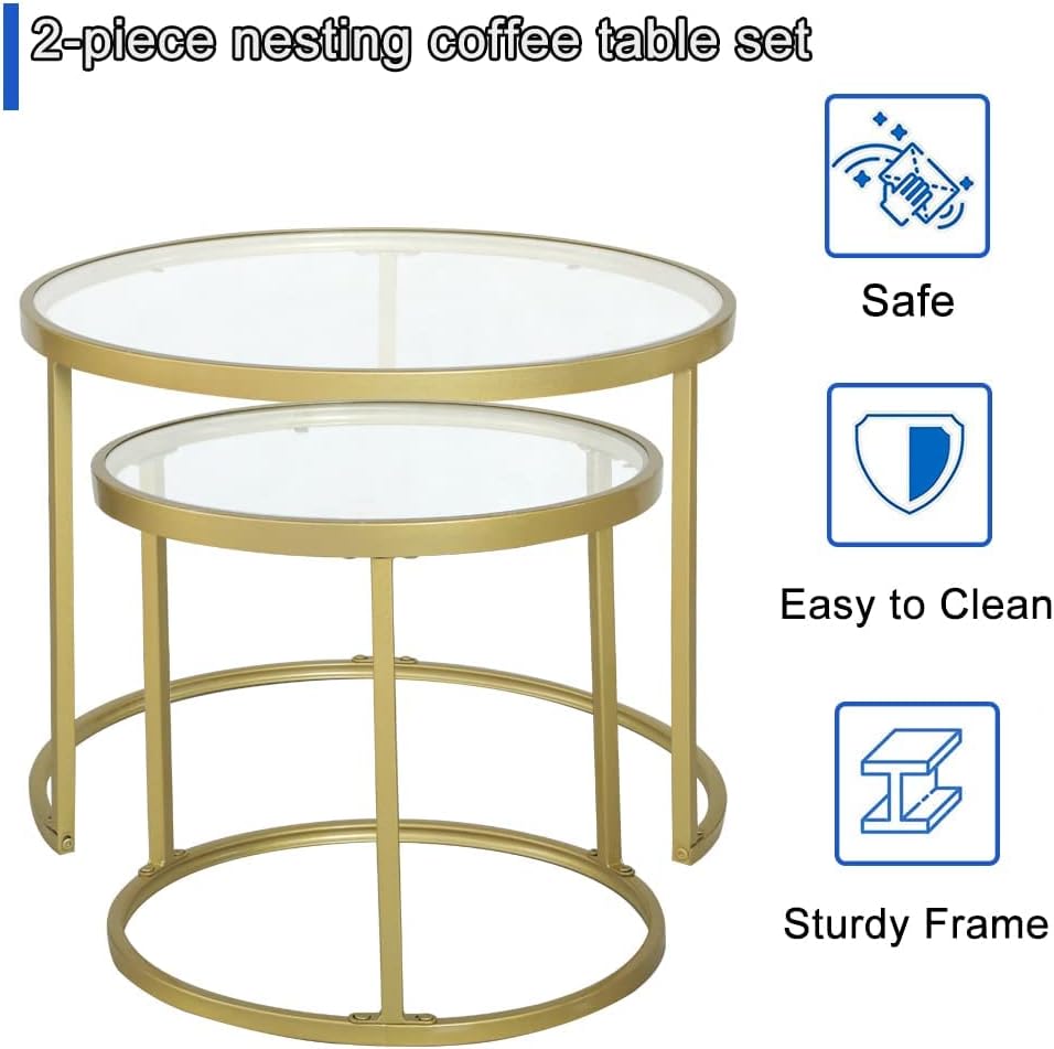 Gold Nesting Coffee Table Set of 2, Small Glass Nesting Tables for Living Room Bedroom, Accent Tea Table with Metal Frame