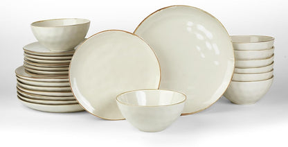 Famiware Dinnerware Sets for 8, Ocean Round 24-Piece Kitchen Plates and Bowls Sets, Microwave and Dishwasher Safe, Scratch Resistant, Vanilla White