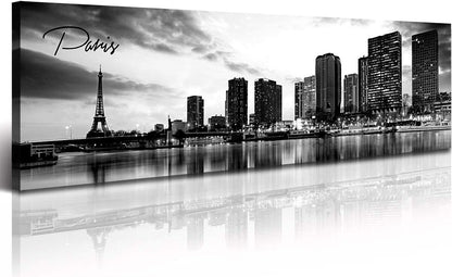 DJSYLIFE Paris Eiffel Tower Skyline Wall Art Black and White Modern City Night View Panoramic Cityscape Picture Paintings Canvas Prints Office Room Home Decoration Artwork Framed 13.8"X47.3"