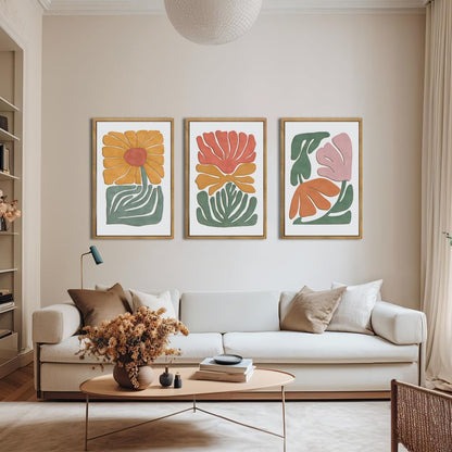 Large Abstract Boho Floral Wall Art Set Colorful Botanical Wood Wall Decor Modern Mid Century Artwork Neutral Bohemian Art Decor for Living Room Bedroom Office-16x24Inch x3