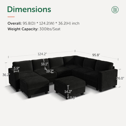 HONBAY Corduroy Sectional Couch with Storage U Shaped Sectional Sofa Modular Sectional Couches for Living Room, Black