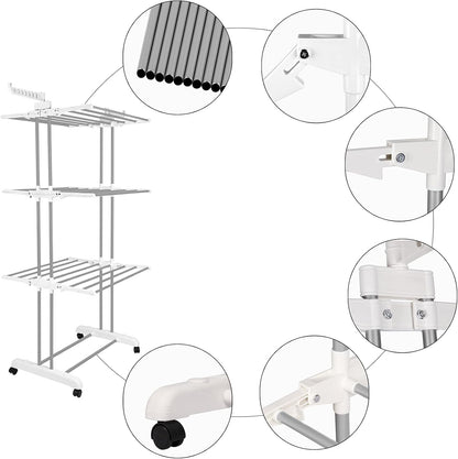 Bigzzia Clothes Drying Rack, Folding Stainless Steel Drying Rack Clothing Indoor Outdoor, Space-Saving, 4 Tier Laundry Drying Rack with Two Side Wings -Grey White