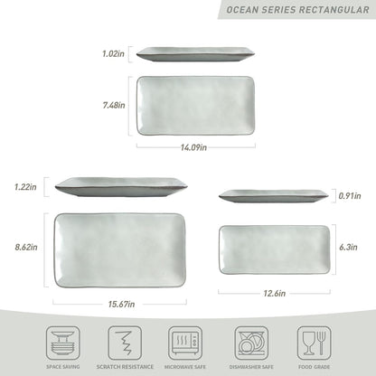 famiware Serving Platter, Rectangular 15.67/14.1/12.6inch Serving Dishes for Entertaining, Reactive Glaze, Stoneware Serving Trays for Party, Food, Turkey, Snack, Cheese, Ocean Series, Grey