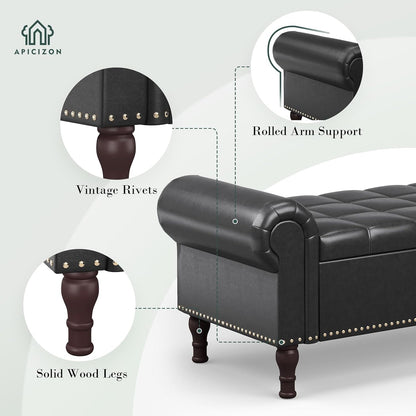 Apicizon 51”Storage Benches, Queen Size Faux Leather Bed Bench with Tufted Button, Upholstered Bench with Rolled Arm and Vintage Rivets for Foot of Bed, Living Room, Entrance，Black