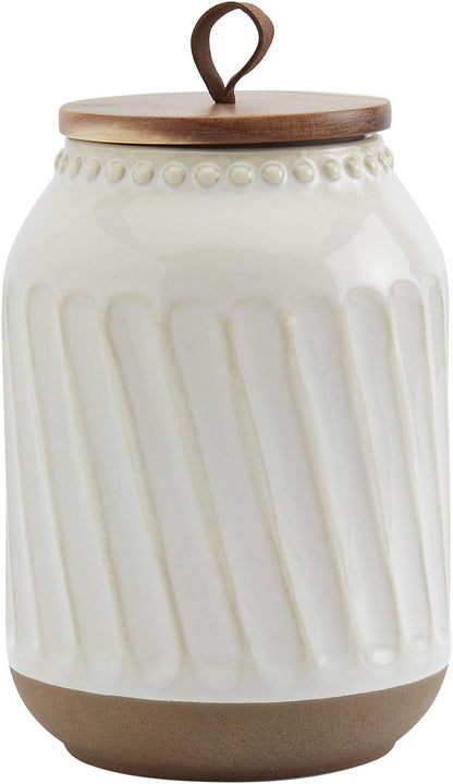 TTU Tabletops Gallery Ceramic Canister Collection- Stoneware Designed Kitchen Storage Embossed Acacia Wood White Set, 3 Piece Embossed Ziggy White Canister Set