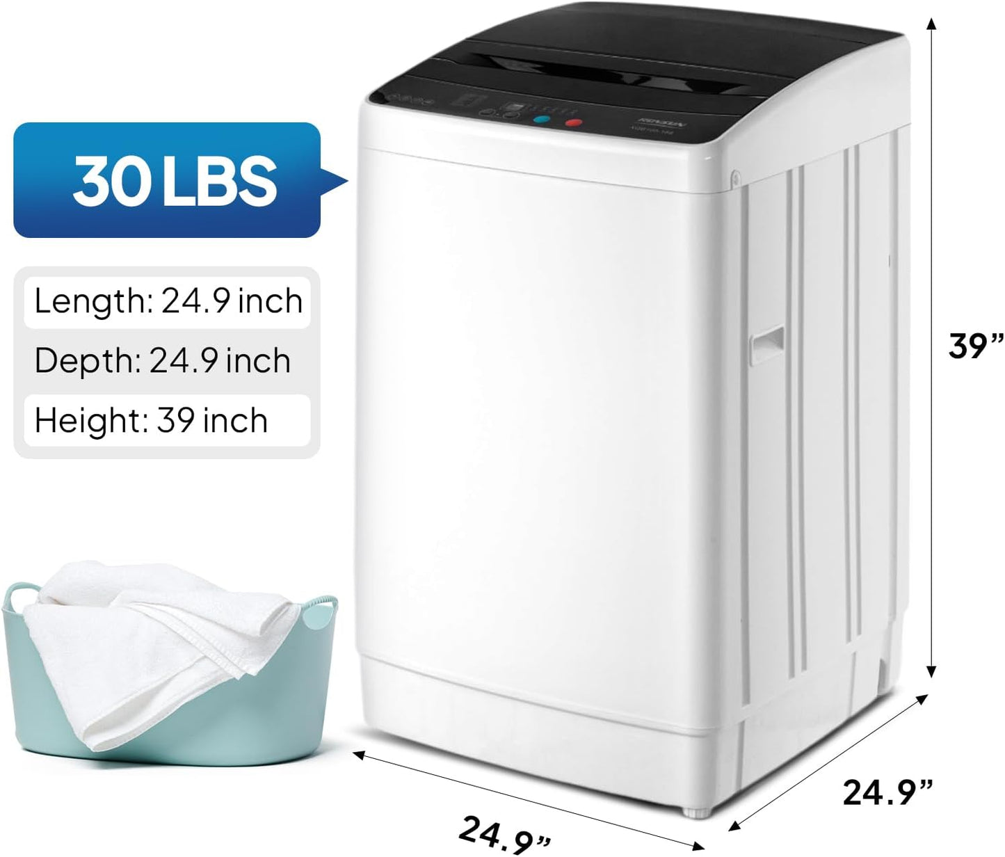 ROVSUN 30LBS Washing Machine, Full-Automatic Portable Washer with Stainless Steel Drum, Electric Laundry Machine, 110V Washer and Spin Dryer Combo with Drain Pump for Home, Apartment, Dorm