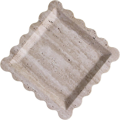 Natural Luxury Marble Tray with Scalloped Edge, Handmade Square Decorative Tray, Catch All Tray for Counter, Dresser, Nightstand and Home Décor (Beige Travertine)