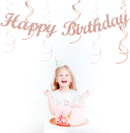 Pink White Rose-Gold Birthday Party-Decorations - 21pcs Happy Banner, Paper Lanterns,Tissue Pom Poms Flower Fan,Honeycomb Ball,Swirl Streamers Garland Supplies Decor Girls Women Huglony