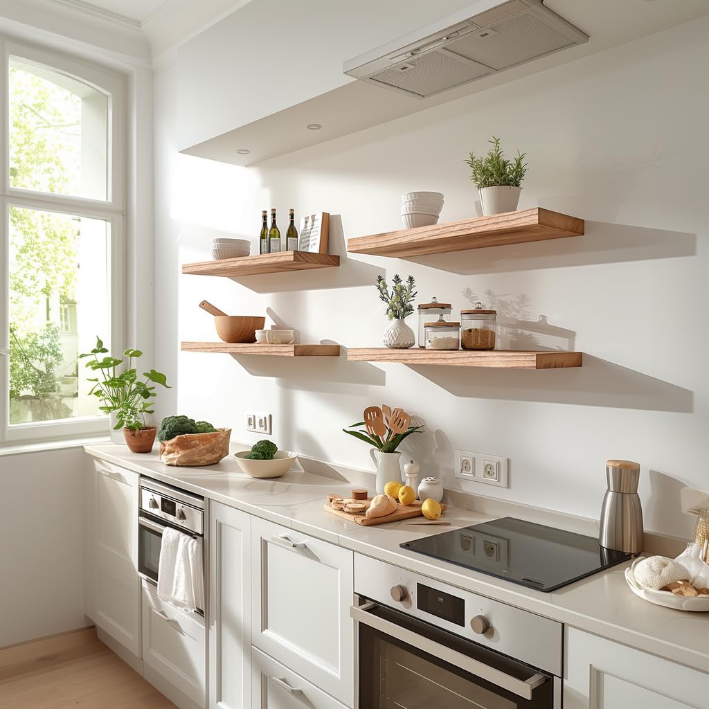 Light Wood Floating Shelves for Wall Rustic Wall Shelves for Bedroom Set of 6