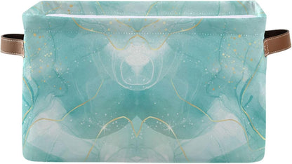 susiyo Large Foldable Storage Bin Storage Baskets for Shelves Storage Bins for Organizing Shelf Nursery Toys Decorative Linen Fabric Bins Cube with PU Handles 1 Pack,Green Marble