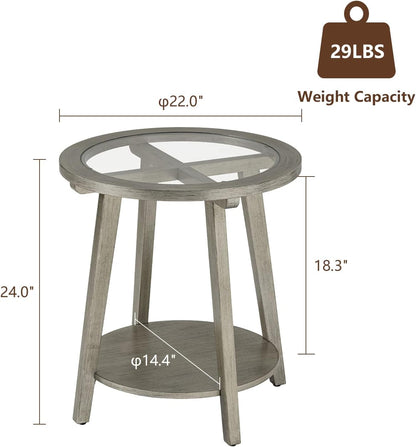 COSIEST 2-Tier End Table with Tempered Glass Top, Round MDF Side Table with Storage Shelf, Modern Wood Accent Table for Bedroom Living Room Home Office, Antique Silver